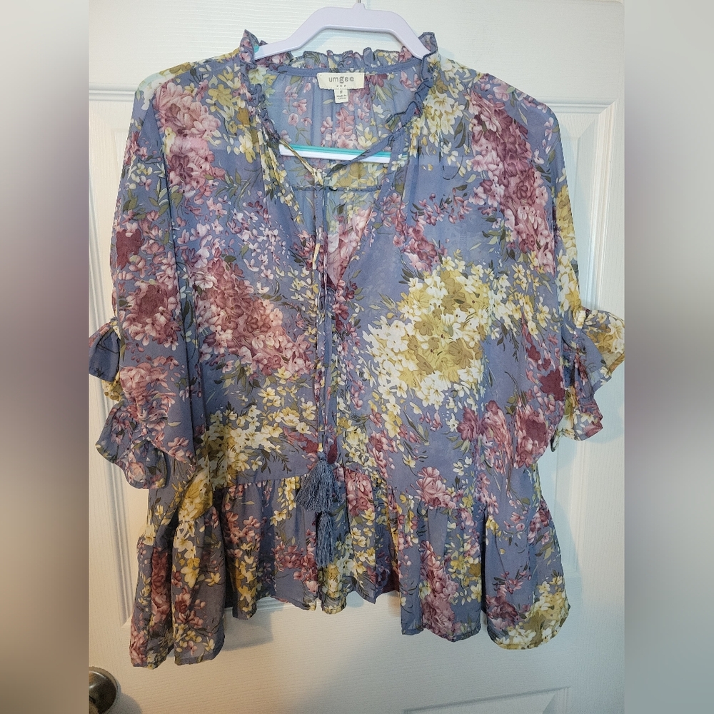 Umgee Boho Peasant Blouse Womens Medium Steel Blue V Neck Tassel Floral Print